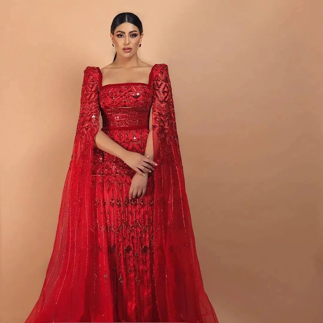 Sharon Said Luxury 버건디 Arabic Burgundy Evening 원피스 가진 Cape Sleeve 2025 Women Wedding Guest Party Gowns SS461 Customized