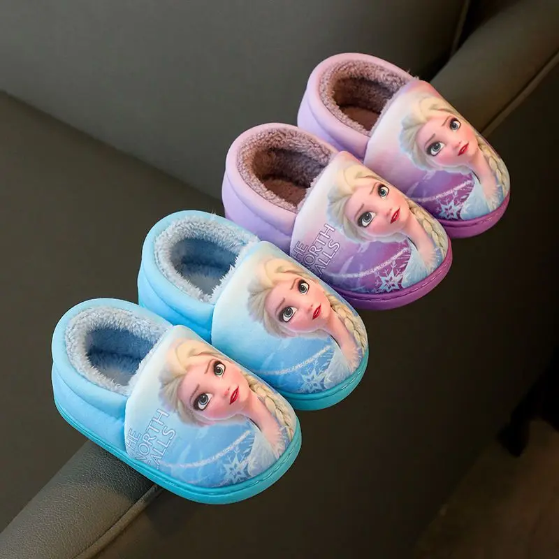 디즈니 공주 엘사 겨울 어린이 힐 코튼 슬리퍼 소녀의 따뜻한 냉동 어린이 코튼 블랙 퍼플 플랫 신발 사이즈 24-40