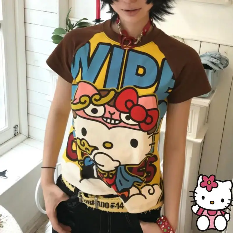 Sanrioed Hello Kittys 여성용 짧은 상의, Y2K 애니메이션 패션 티, 만화 프린트 하이 스트리트 고딕 반팔 티셔츠, 여름