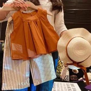 베어 리더 카키 조끼 + 스트라이프 와이드 레그 팬츠 여름 투피스 세트 3-7 세용 일일 단순 민소매 아동복