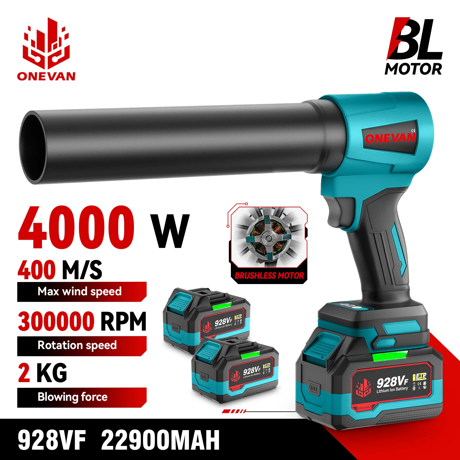 ONEVAN 4000W 브러시리스 전기 터보 블로워 제트 팬 400M/S 300000RPM 마키타 18V 배터리 핀용 휴대용 잎 먼지 송풍 도구