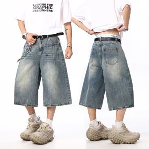 여름 뉴 남성 오버 사이즈 와이드 반바지 번개 금이 간 Y2k 헐렁한 청바지 씻어 streetwear 패션 느슨한 송아지 길이 데님 바지