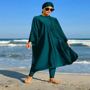 새로운 Burkini 이슬람 모든 덮여 수영복 여성을위한 느슨한 수영복 솔리드 컬러 긴 소매 가운과 Hijab와 원피스 수영복
