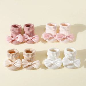 활이 달린 4 쌍 유아 양말, 유아 소녀를위한 부드러운 면화 귀여운 발목 양말, 패션 Anty-Slip 신생아 양말 0-24 개월