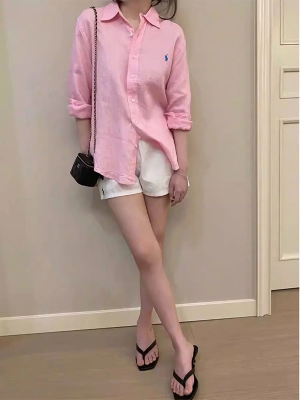 린넨 긴팔 자외선 차단 셔츠 여성용 봄 가을 루즈핏 캐주얼 레이지 스타일 면 마 혼방 상의 단색 레트로 폴로 카라