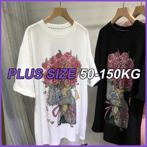 3XL 4XL 플러스 사이즈 여성용 티셔츠, 라인스톤 티셔츠, 면 반팔 곰돌이 꽃무늬 큰 사이즈 탑, 50-150KG 루즈핏 캐주얼 티셔츠