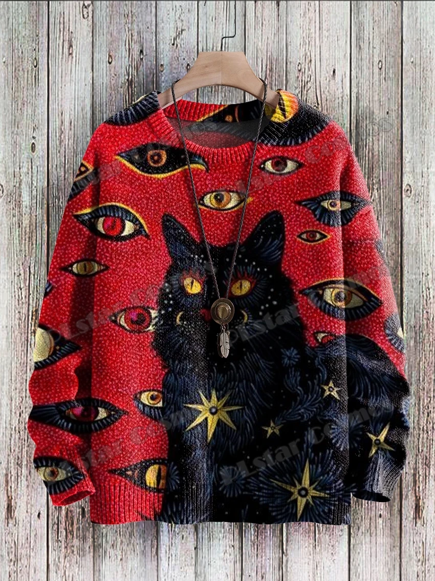 레트로 검은 고양이 눈 아트 패턴 3D 인쇄 남자 Crewneck 니트 풀오버 겨울 남여 캐주얼 니트 풀오버 스웨터 ZZM46