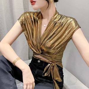 스트리트웨어 골드 실버 그린 시니 반소매 블라우스 여성 섹시한 불규칙한 짧은 랩 셔츠 여성 붕대 여름상의