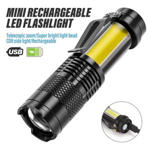 2000LM 미니 손전등 배터리 내장 USB 충전 LED 플래시 라이트 COB 줌이 가능한 방수 전술 토치 램프 전구 랜턴