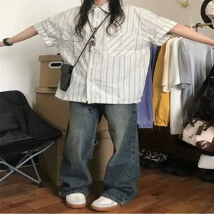 레트로 일본 블루 스트라이프 반소매 셔츠 폴리 에스터 섬유 00% 여성 패션 캐주얼 비즈니스 스타일 셔츠