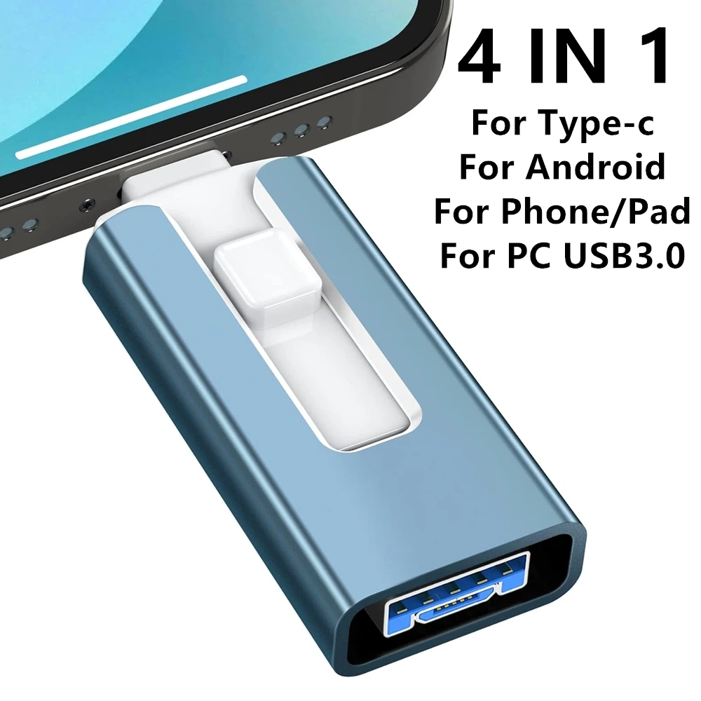 iPhone 용 Usb 3.0 플래시 드라이브 512GB 256G 2TB 1TB 128G 64G 32G, 4in1 인터페이스가있는 iPhone 용 Ipad 용 Mirco TYPE pendrive