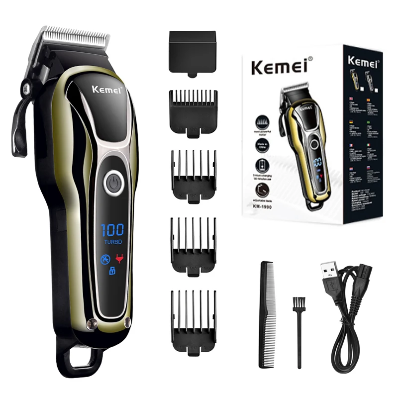 Kemei 전문 헤어 클리퍼 충전식 트리머 남성 전기 커터 헤어 커팅 머신 LCD 무선 수염 트리머 KM-1990