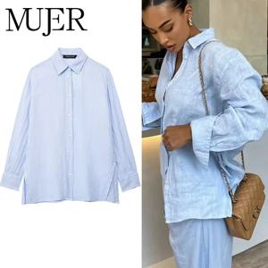 MUJER 2025 블루 롱 셔츠 여성용 버튼 오버사이즈 셔츠 여성 패션 긴팔 블라우스 여름 루즈핏 여성 캐주얼 셔츠