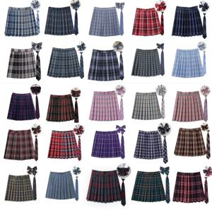 여성 여름 격자 무늬 플리츠 스커트 넥타이 Bowtie 한국어 Jk 스커트 유니폼 일본 학교 Preppy A 라인 미니 스커트