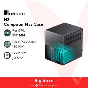 JONSBO NAS 미니 케이스, 올인원 알루미늄 ITX 섀시 8 하드 디스크 지지대, 130mm CPU 쿨러, 250mm 그래픽 카드, 100mm x 2 선풍기, N3