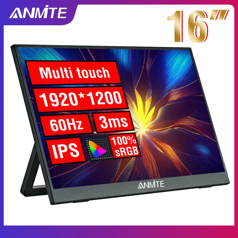 Anmite 휴대용 터치 모니터, 1200P HDR 16:10, 로우 블루 라이트, Xbox PS4 / 5 스위치 휴대폰 PC 노트북 익스텐션, 16 인치
