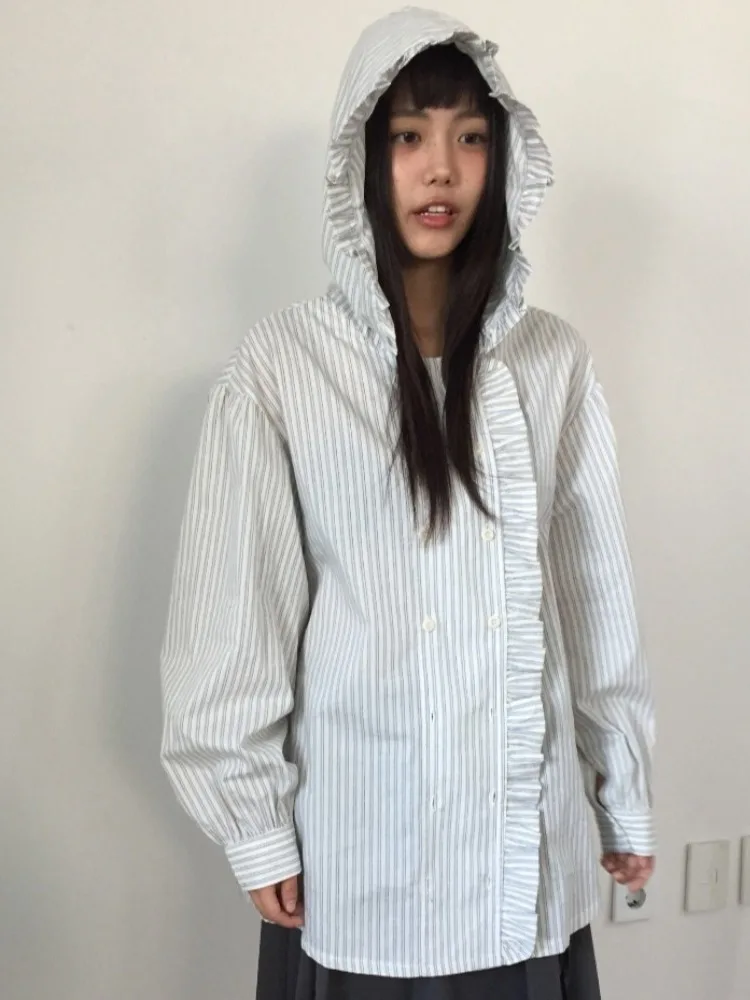 레트로 귀 버섯 프릴 칼라 스트라이프 셔츠 여성의 느슨한 긴 소매 봄 새 스타일 다목적 겉옷 후드 코트