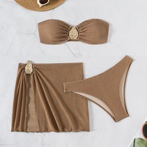 브라운 솔리드 수영복 Strapless Bandeau 비키니 세트 3 조각 섹시한 수영복 여자 2025 금속 버클 비키니 Beachwear