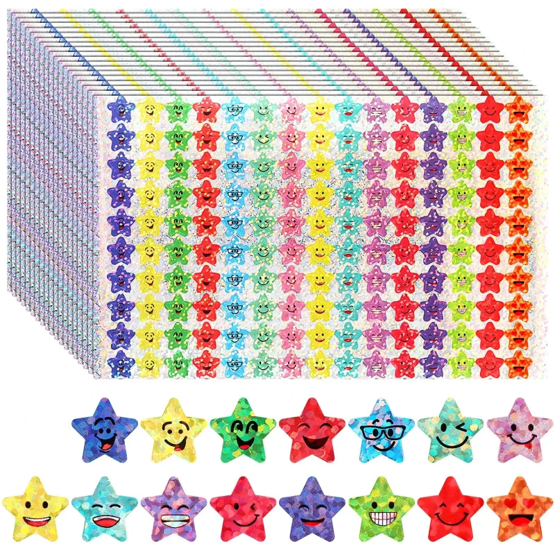 1500 Pcs 반짝이 호일 작은 별 스티커, 15 디자인 학생 보상을위한 행복한 얼굴 스티커