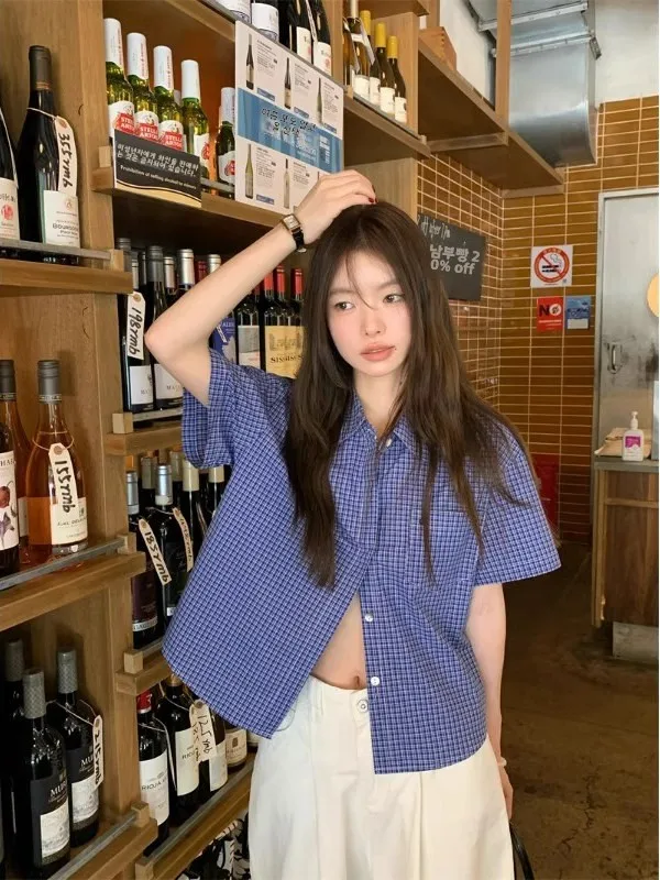 블루 캐주얼 플래드 반팔 셔츠 여성 여름 루즈 칼라 아메리칸 레트로 컬리지 스타일 새 상의 폴리에스터 섬유 레귤러 핏