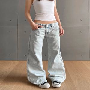 Y2k 빈티지 여성 청바지 로우 허리 지퍼 버튼 포켓이있는 솔리드 바지 미적 streetwear 워시 청바지