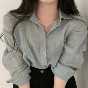 시크 빈티지 봄 긴 소매 셔츠 짧은 루즈핏 썬 프로텍션 싱글 버튼 노치 칼라 플리츠 효과 여성 블라우스