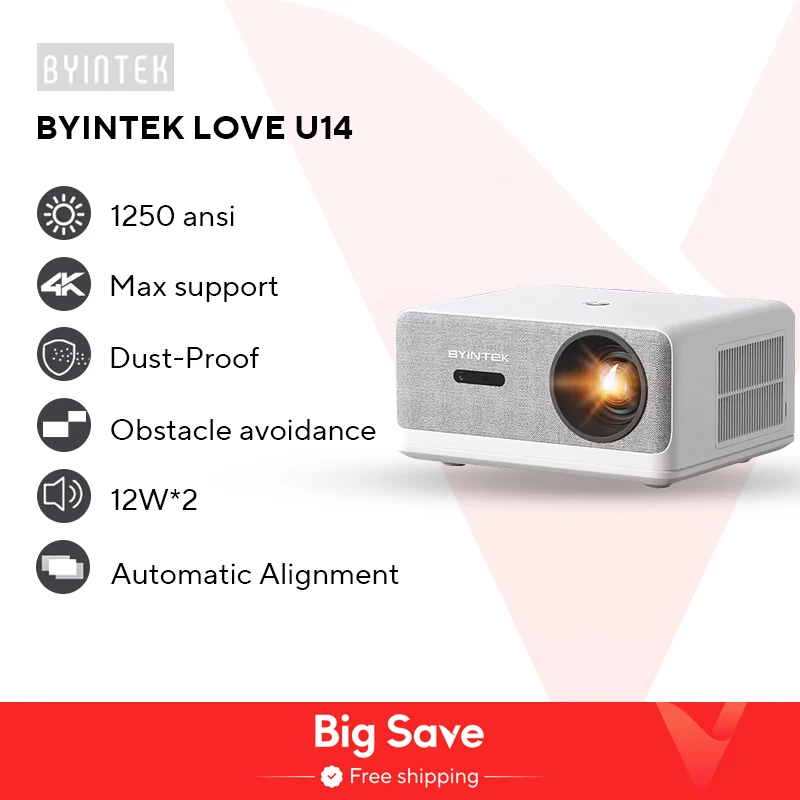 BYINTEK LOVE U14 풀 HD 1080P 프로젝터 4K 스마트 블루투스 WiFi 6 지원 1250ANSI 자동 초점 홈 시어터 시네마 프로젝터