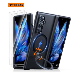 토라스 360 °   두 개의 강화 유리 스크린 Protec가 포함된 Samsung Galaxy Z Fold 7용 회전 자기 스탠드 하드 초박형 전화 케이스