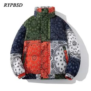 남성용 겨울 반다나 퍼퍼 재킷, 두꺼운 따뜻한 캐주얼 파카, 느슨한 하라주쿠 패션 지퍼, 페이즐리 방풍 버블 코트, 여성 브랜드