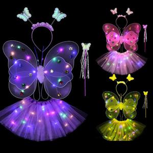 LED 어린이 의상 소품 소녀 스커트 천사 빛나는 날개 깜박이 나비 스커트 조명 정장 2-8 년 부활절 발렌타인 데이