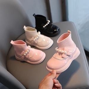 소녀의 짧은 부츠 발목 높이 구슬 가을 플라이 짠 어린이 양말 부츠 웨지 유연한 달콤한 슬립 온 유아 어린이 부츠 21-30