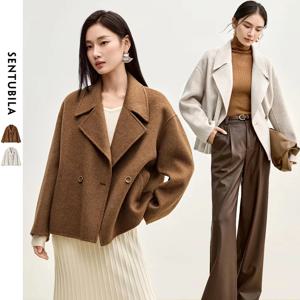 SENTUBILA 겨울 짧은 모직 자켓 여성 겉옷 2024 패션 노치 칼라 더블 브레스트 루즈 코트 여성 W44O56123