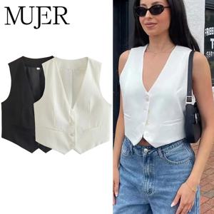 MUJER 화이트 블랙 여성 조끼 크롭 민소매 조끼 여성 streetwear 양복 조끼 탑 여성 패션 짧은 조끼 여성용