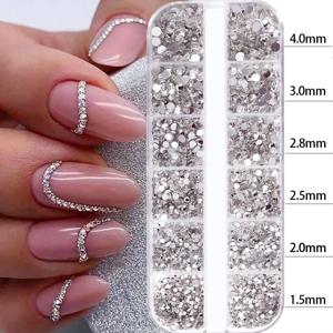 2400pcs + 반짝 이는 클리어 크리스탈 보석 네일 라인 석 1.5-4mm 혼합 라운드 유리 스톤 플랫 백 네일 매력 12 그리드 네일 다이아몬드 DIY