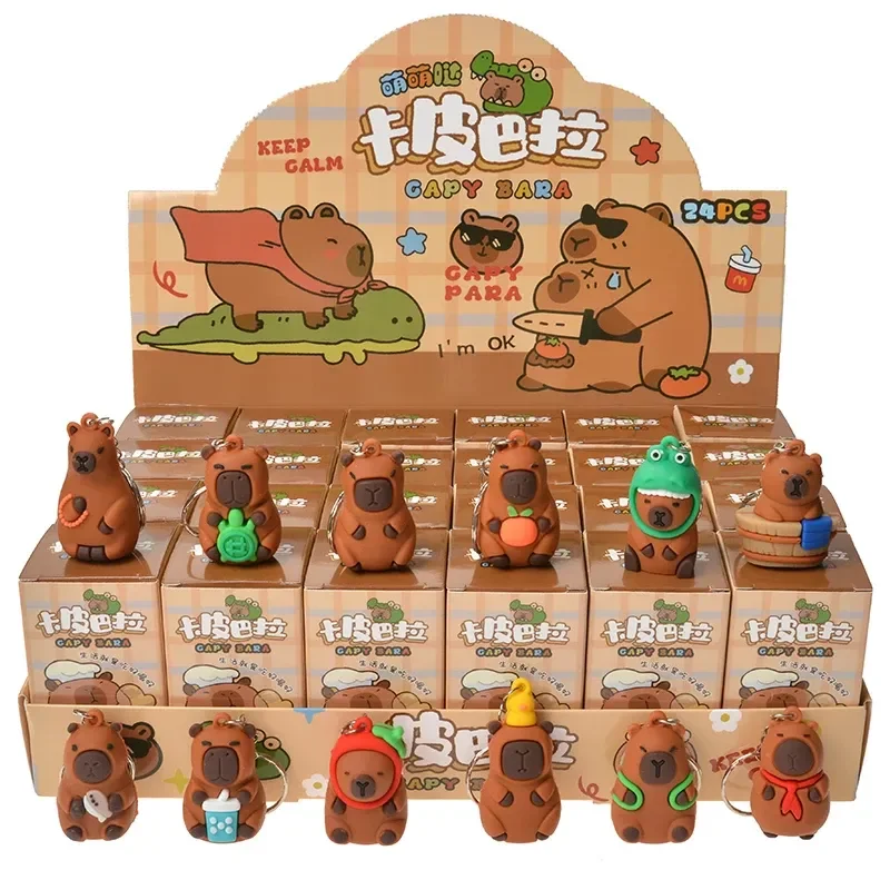 귀여운 24 개/대 Capybara 그림 블라인드 박스 애니메이션 Capibara 피규어 인형 키 체인 펜던트 장식 장난감 어린이 크리스마스 선물