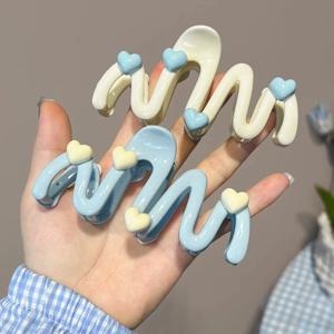 10.5cm 블루 하트 웨이브 모양의 헤어 클로 크림 컬러 클립 여성용 달콤한 귀여운 불규칙한 상어 클립 대형 포니 테일 클립 헤어핀