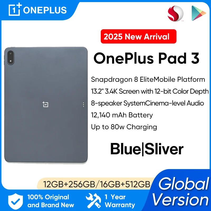글로벌 버전 OnePlus Pad 3 12GB 256GB 태블릿 스냅드래곤 8 엘리트 13.2인치 144Hz 디스플레이 3.4K 해상도 블루투스 5.4 안드로이드 15