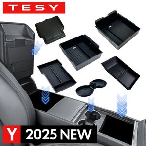 Tesla New Model Y 2025 Juniper Launch ABS 용 콘솔 및 팔걸이 보관함 실리콘 미끄럼 방지 매트 상부 및 하부 워터 컵 포함