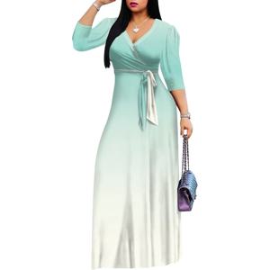 플러스 사이즈 여름 드레스 여성용 배꼽 컨트롤 섹시한 Bodycon 딥 브이넥 플라워 3/4 슬리브 바닥 길이 맥시 드레스