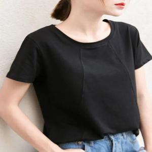 2025년 여름 여성 루즈핏 라운드넥 반팔 블랙 티셔츠 한국 패션 큰 사이즈 포켓 손수건 티셔츠