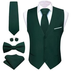 디자이너 남성 조끼 짙은 녹색 솔리드 실크 새틴 양복 조끼 넥타이 Bowtie Hanky ​​웨딩 정장 남성 정장 민소매 자켓 Barry Wang