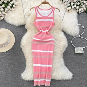 세련된 스트라이프 오-넥 니트 탄성 Bodycon 복장 섹시한 해변 휴가 Sundress 여성 캐주얼 슬림 연필 Vestidos 맥시 롱 드레스