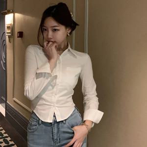 한국어 화이트 오피스 여성 쉬폰 셔츠 포켓 버튼 옷깃 숙녀 블라우스 봄 통근 긴 소매 새로운 여성 자르기 탑
