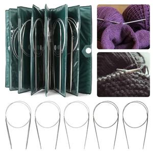 11PCS 스테인레스 스틸 원형 뜨개질 바늘 크로 셰 뜨개질 후크 세트 원사 직조 DIY 공예 도구 가방 43/65/100/120cm 길이