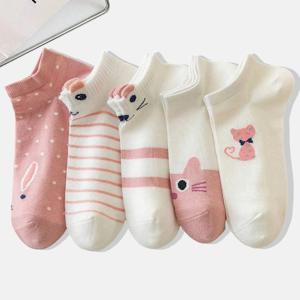 5 쌍 여성 만화 고양이 패턴 귀여운 달콤한 유행 다목적 유행 편안한 경량 통기성 캐주얼 양말