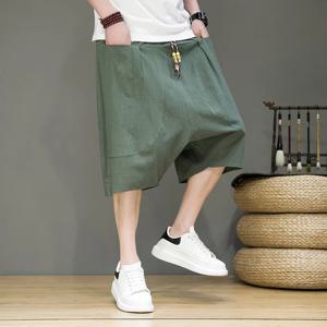 남성용 하라주쿠 하렘 반바지, 레트로 중국 스타일, 코튼 리넨, 짧은 조거, 단색, 루즈, 라지 사이즈, 2024 여름 신상