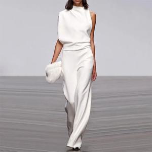 여성용 민소매 단색 백리스 점프수트, 스탠드 칼라, 우아한 레이디 템퍼러먼트, 화이트 점프수트, 2025 여름 패션