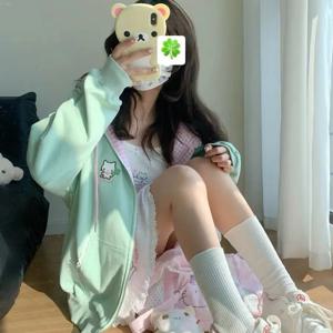 고양이 수 놓은 긴 소매 지퍼 업 까마귀 여성 일본 봄 여름 달콤한 소녀 귀여운 코어 얇은 스웨터 Y2k 탑