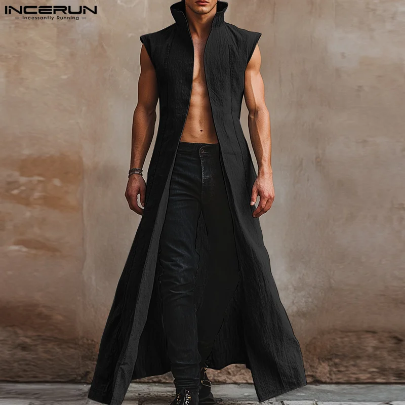 INCERUN 남성 긴 소매 셔츠 솔리드 스탠드 칼라 민소매 캐주얼 남성 카디건 streetwear 2025 패션 오픈 스티치 겉옷