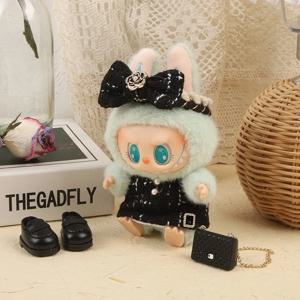 17cm Labubu 아이돌 인형 럭셔리 의류 복장 블랙 드레스 세트 Labubu V1V2 미니 DIY 인형 의류 가방 신발 액세서리